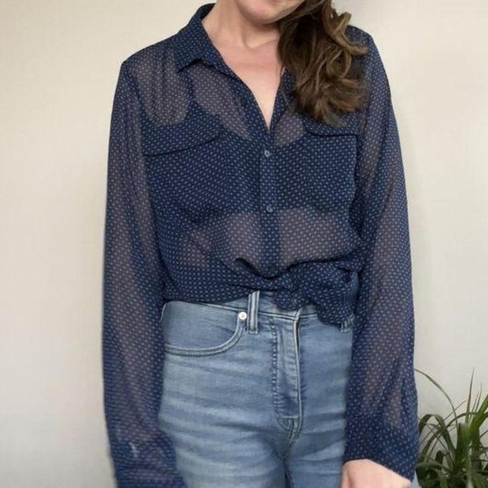 Old Navy womens Long Sleeve Button up blouse sheer Blue Geometric Print Size‎ XS